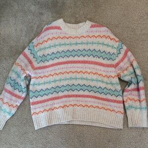 American Eagle Outfitters Cream Crewneck Sweater with Multicolor Zigzag Stripes